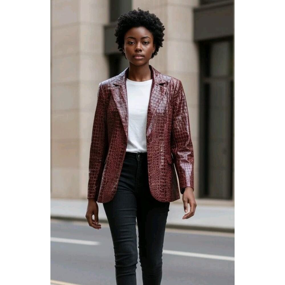 Bamboo Traders Womens Size M Red Snake Croc Pattern Jacket Glossy Moto MOBWIFE